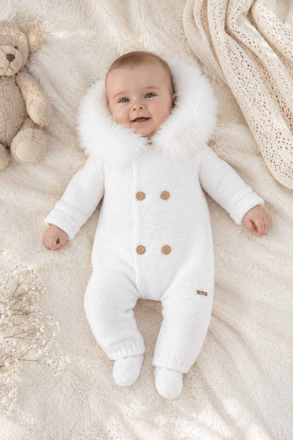 Martin Aranda white knitted baby pramsuit with faux fur hood AW26