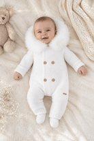 Martin Aranda white knitted baby pramsuit with faux fur hood AW26