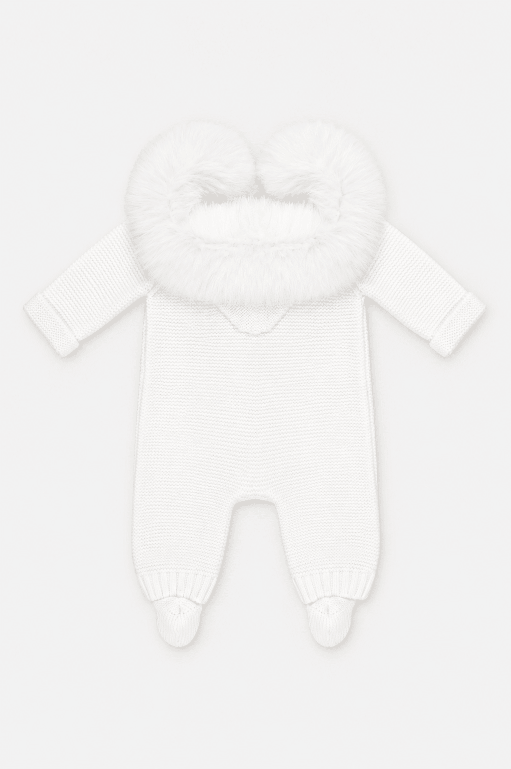 A white knit baby footed jumpsuit with a fluffy faux-fur hood, shown against a plain white background.