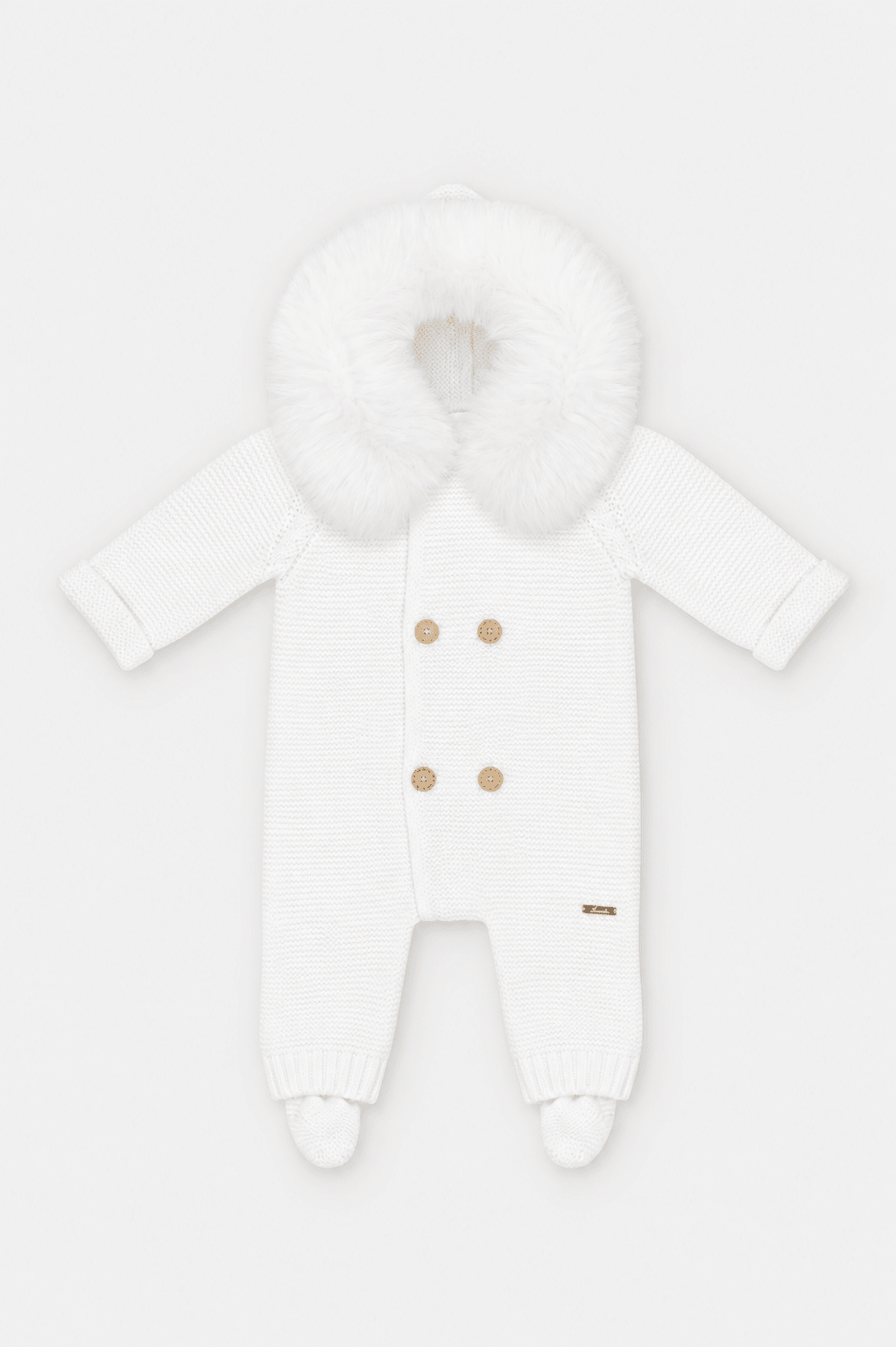 Back of Martin Aranda white knitted baby pramsuit with faux fur hood and enclosed feet