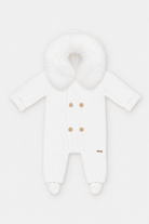 Back of Martin Aranda white knitted baby pramsuit with faux fur hood and enclosed feet