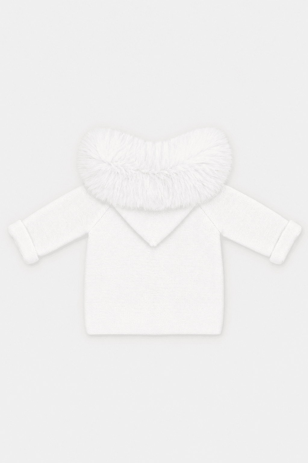 A white long-sleeve baby top with a fluffy faux-fur collar, shown flat on a light gray background.