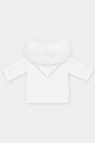 A white long-sleeve baby top with a fluffy faux-fur collar, shown flat on a light gray background.