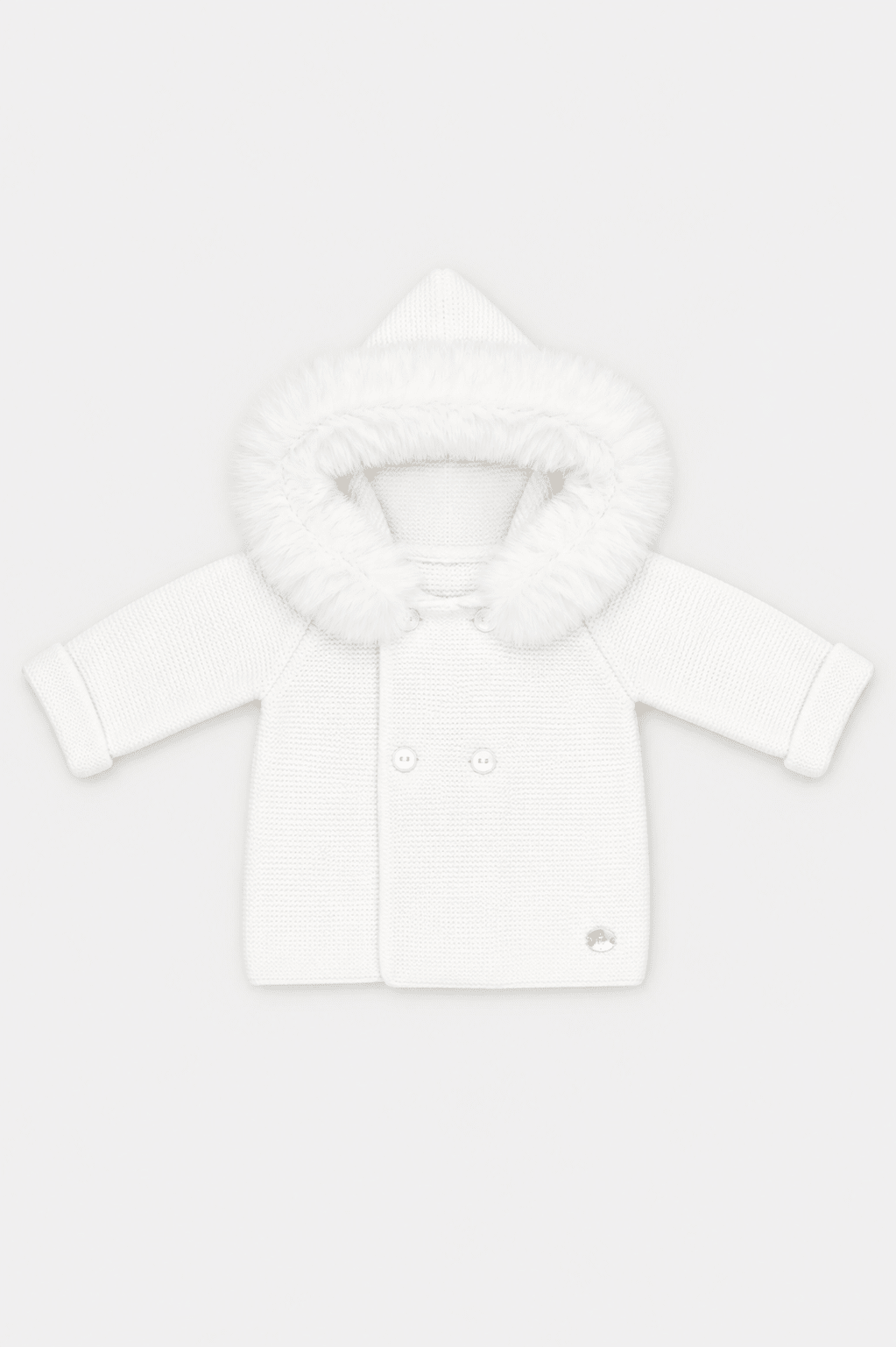 A white knit baby coat with a plush faux-fur trimmed hood, shown flat against a light gray background.