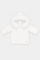 A white knit baby coat with a plush faux-fur trimmed hood, shown flat against a light gray background.