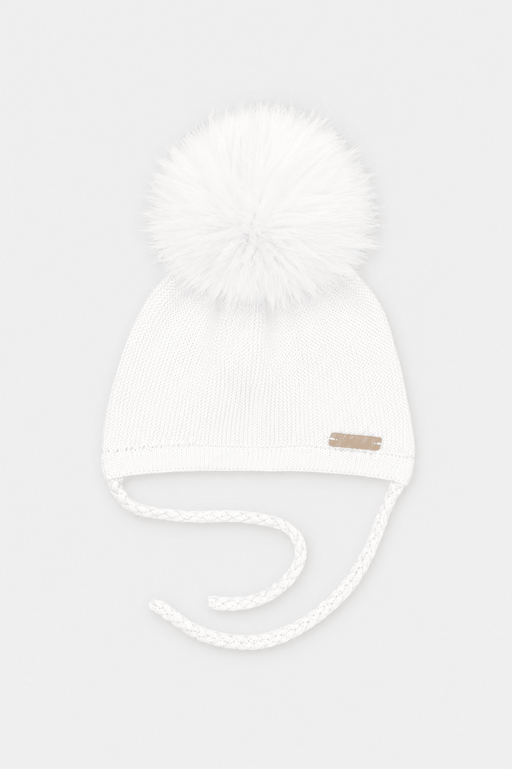 Martin Aranda white knitted baby pom pom hat with faux fur pom pom made in Spain AW26