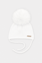 Martin Aranda white knitted baby pom pom hat with faux fur pom pom made in Spain AW26