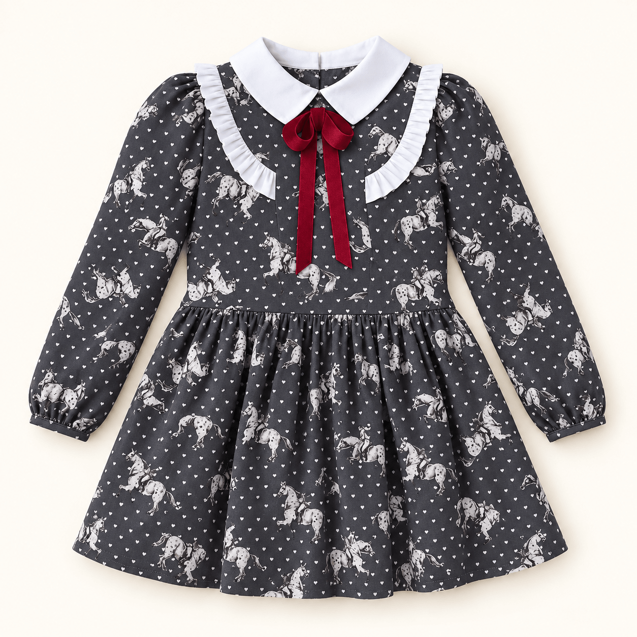 Meraki Bambini Grey Horse Print Dress with Burgundy Bow Detail 