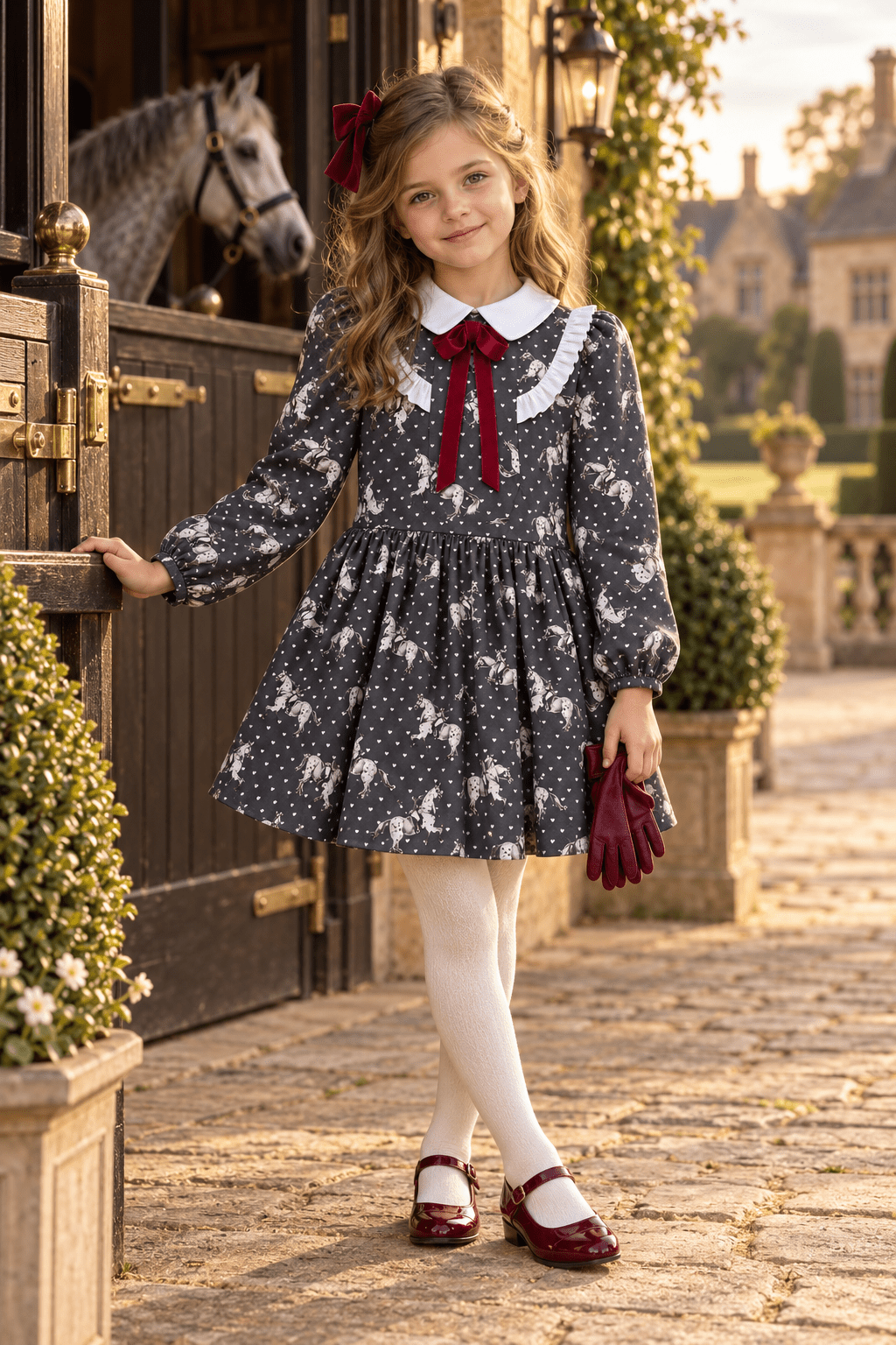 Meraki Bambini Girls Grey Horse Print Dress Age 2 | Clearance Sale