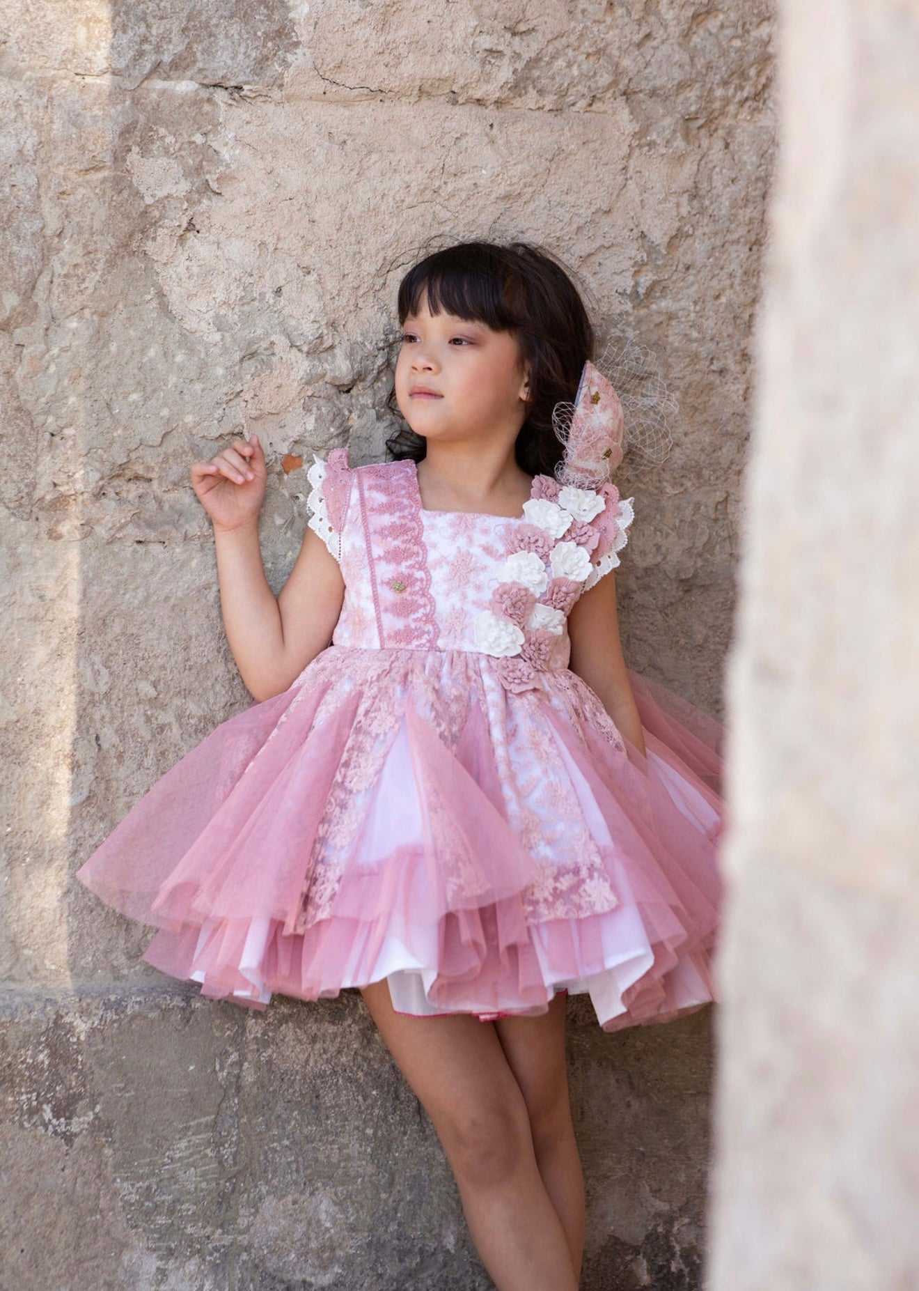 Meriche Girls Cream & Dusky Pink Occasion Dress & Headpiece | SS26