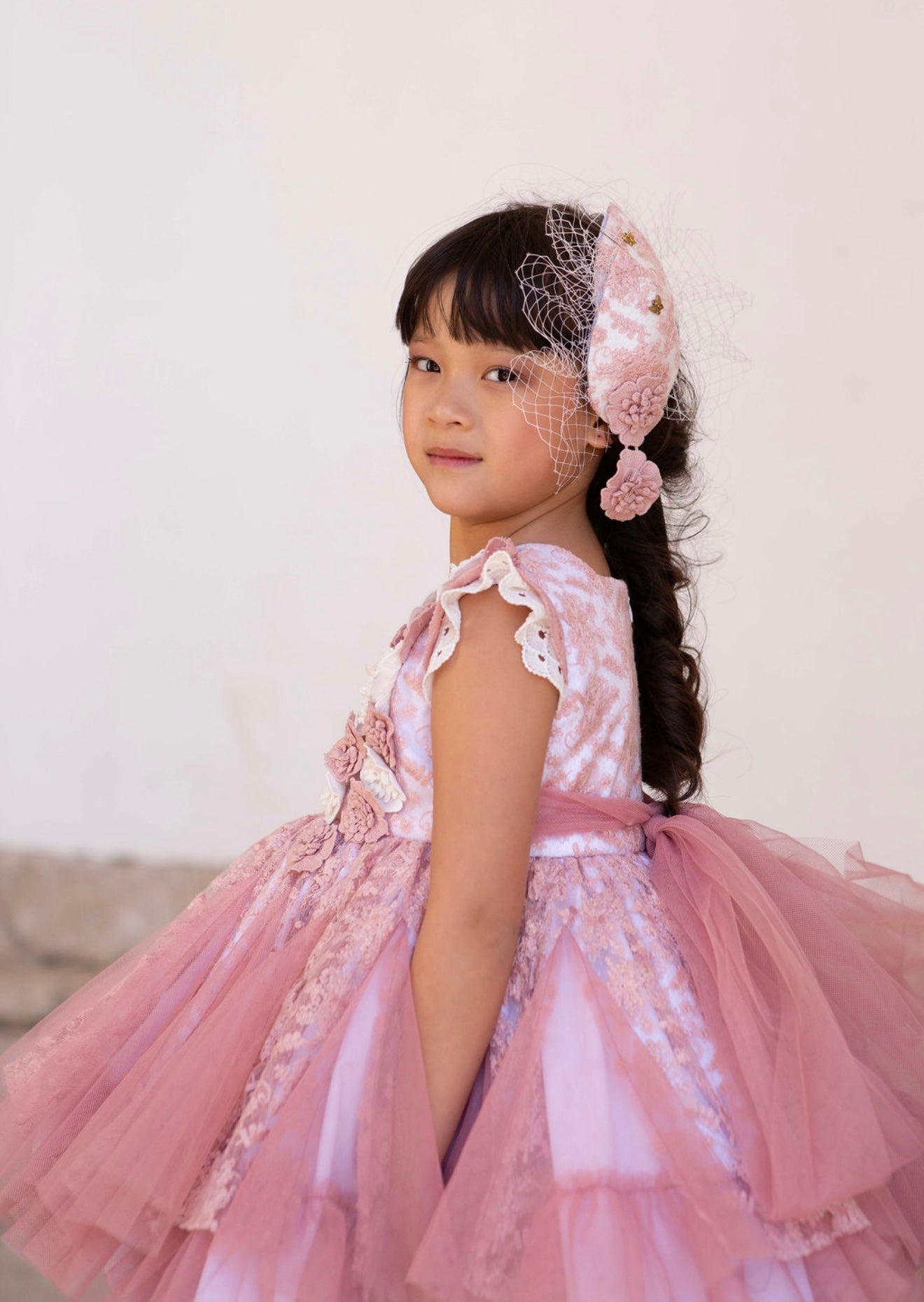 Meriche Girls Cream & Dusky Pink Occasion Dress & Headpiece | SS26