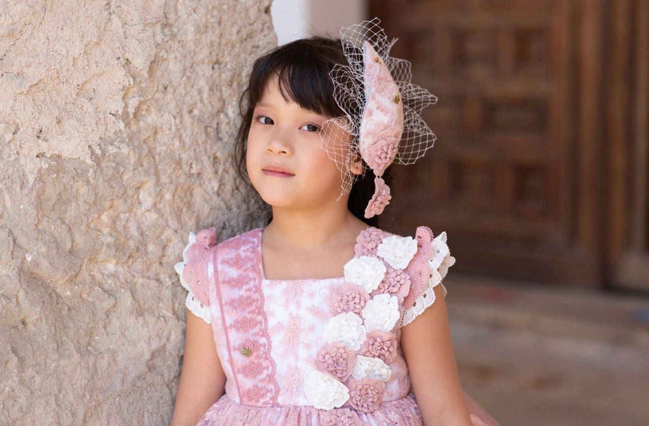 Meriche Girls Cream & Dusky Pink Occasion Dress & Headpiece | SS26