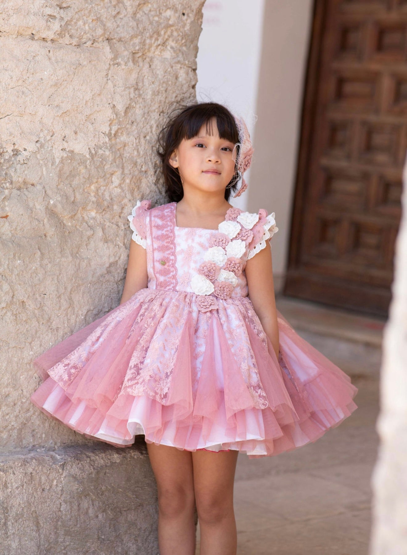 Meriche Girls Cream & Dusky Pink Occasion Dress & Headpiece | SS26