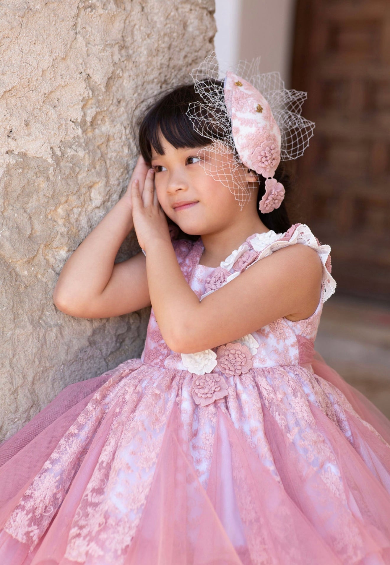 Meriche Girls Cream & Dusky Pink Occasion Dress & Headpiece | SS26