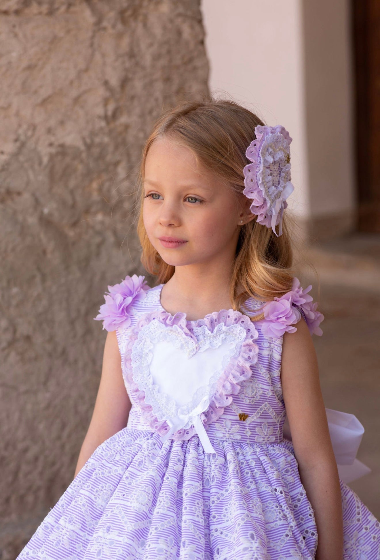 Meriche Alta Costura SS26 girls lilac heart dress with matching headpiece and layered skirt