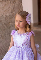 Meriche Alta Costura SS26 girls lilac heart dress with matching headpiece and layered skirt