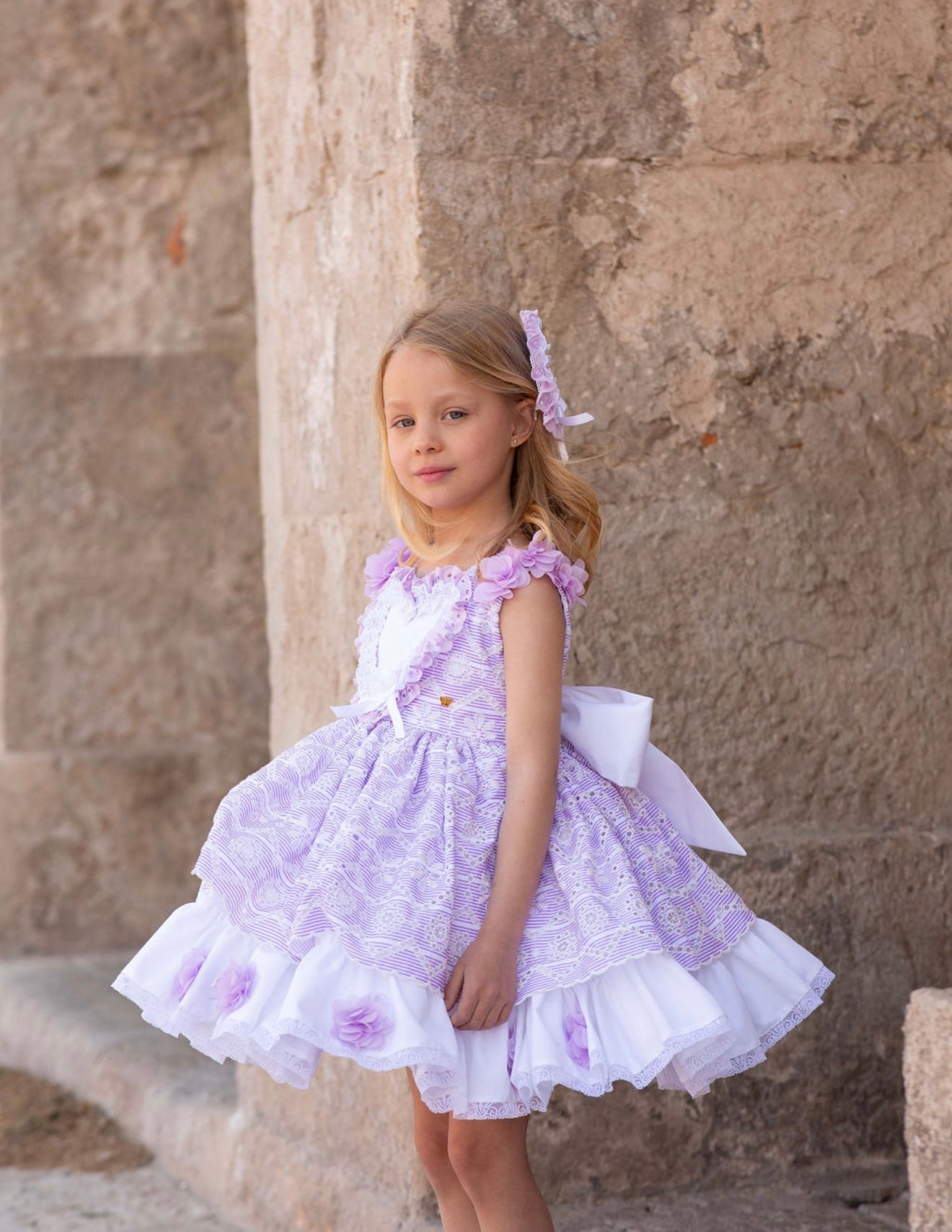 Meriche Alta Costura SS26 girls lilac heart dress with matching headpiece and layered skirt.  Exclusive Collection for Girls. 