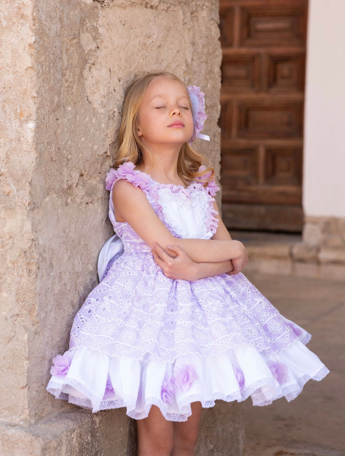 Exclusive Meriche Alta Costura SS26 girls lilac heart dress with matching headpiece and layered skirt