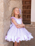 Exclusive Meriche Alta Costura SS26 girls lilac heart dress with matching headpiece and layered skirt