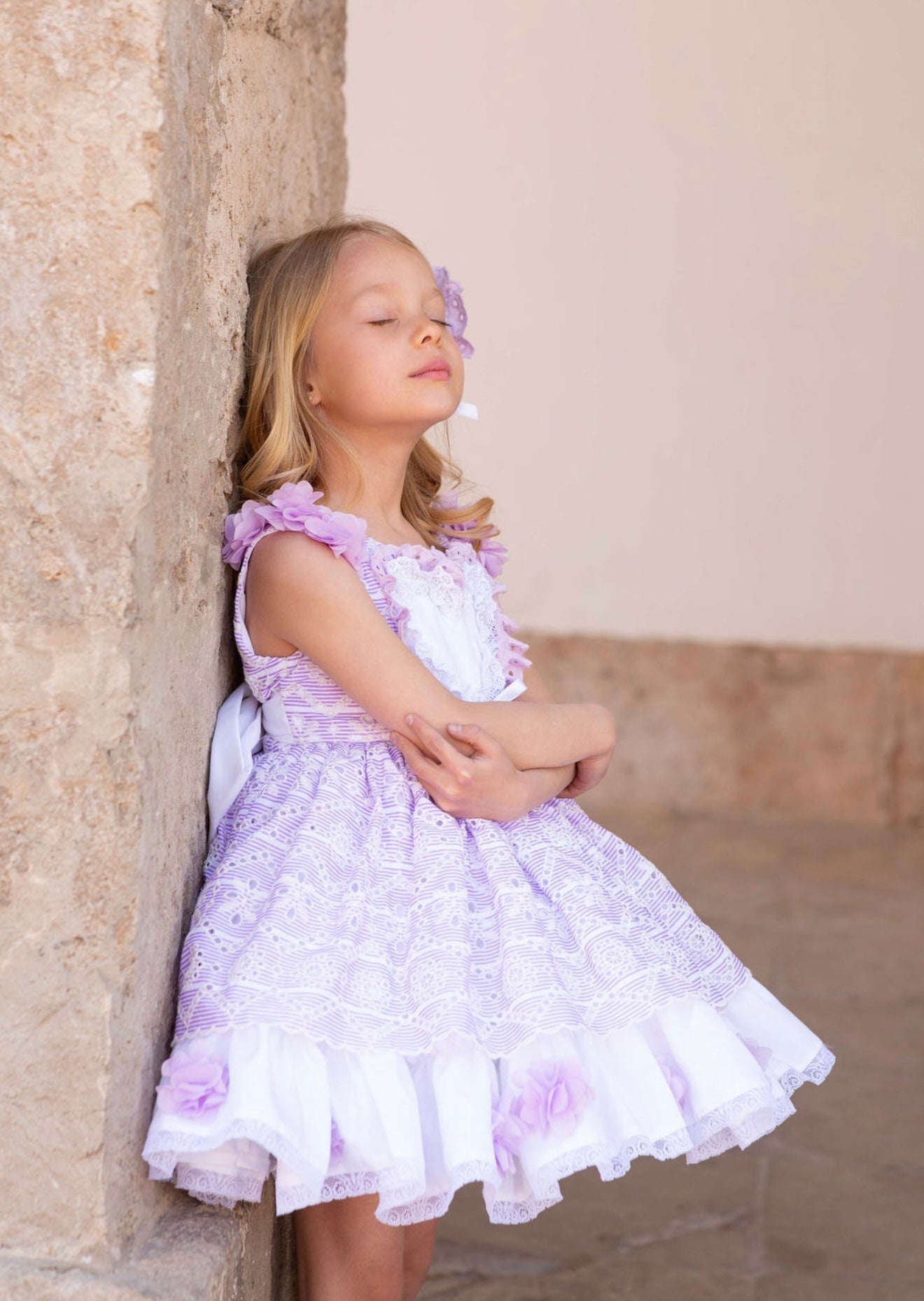 Luxury Meriche Alta Costura SS26 girls lilac heart dress with matching headpiece and layered skirt