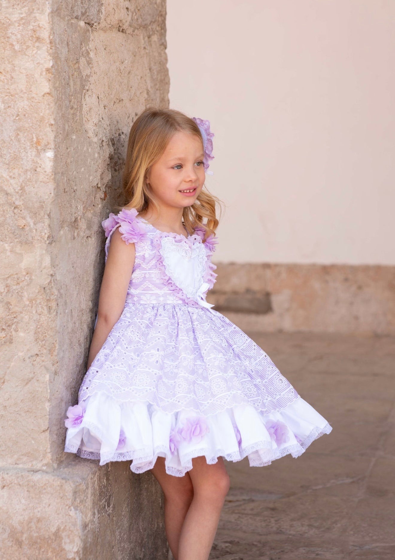 SS26 Meriche Alta Costura girls lilac heart dress with matching headpiece and layered skirt