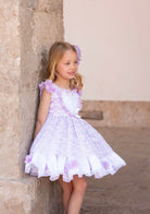 SS26 Meriche Alta Costura girls lilac heart dress with matching headpiece and layered skirt