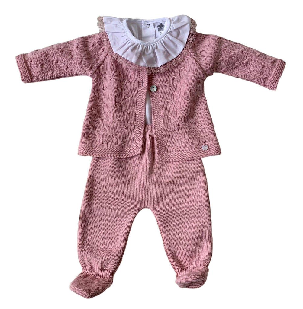 Minhon - Baby Girls Dusky Pink Knitted 3pc Set with Frill Collar Bodysuit - Mariposa Children's Boutique