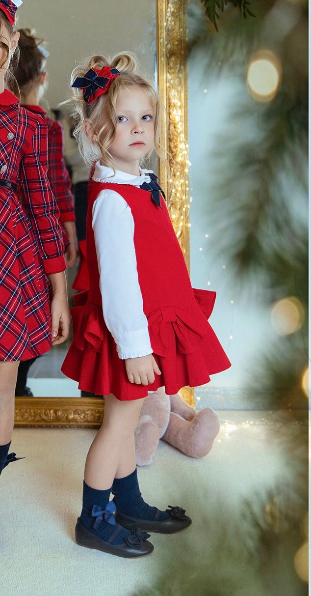 Miranda AW25 - Girl's Red Pinafore Dress with Matching Blouse