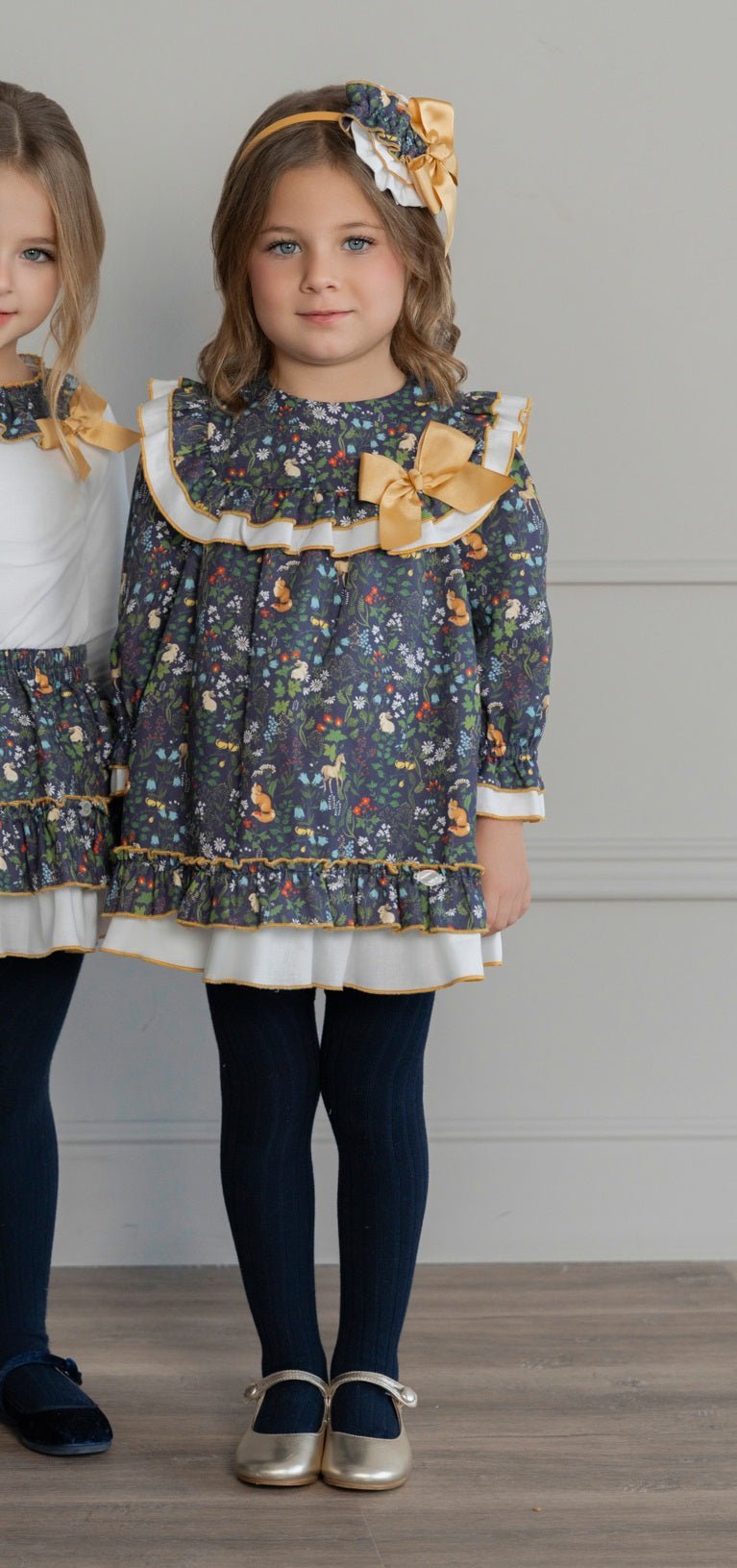 Miranda AW25 - Girl's Navy & Mustard Print Dress