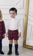 Miranda AW26 Baby Boys Tartan Print Shorts and Shirt Set modelled by a young boy, perfect for Christmas. 