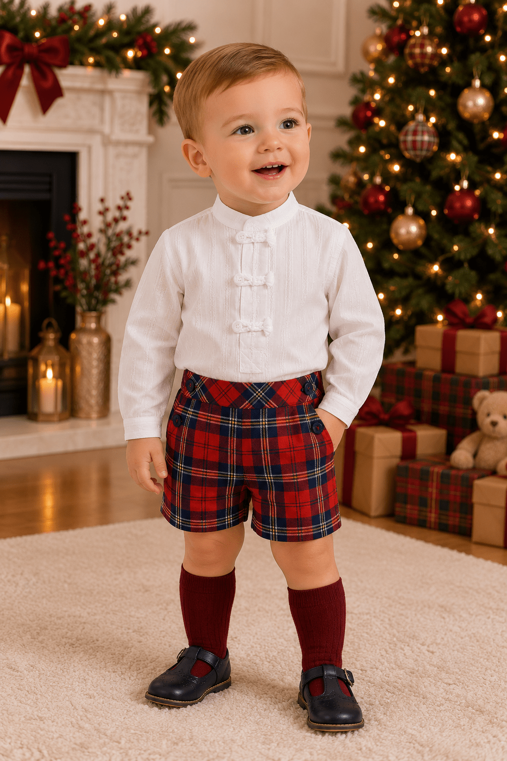 Baby Boy wearing Miranda AW26 red tartan print shorts with matching shirt. 