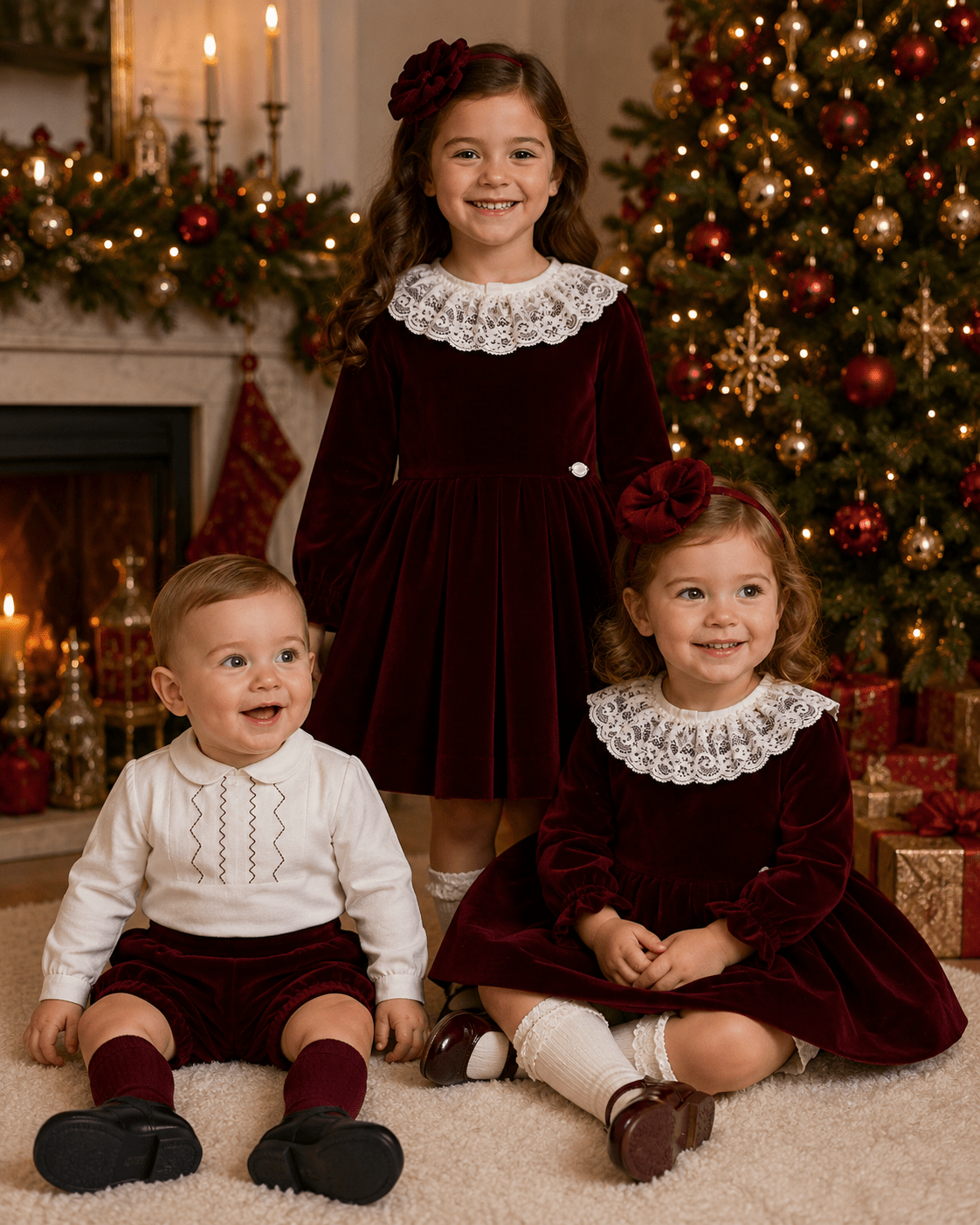 Three children dressed in matching Christmas outfits, featuring deep burgundy velvet dresses and tops with white lace collars, posed in front of a decorated Christmas tree and fireplace.