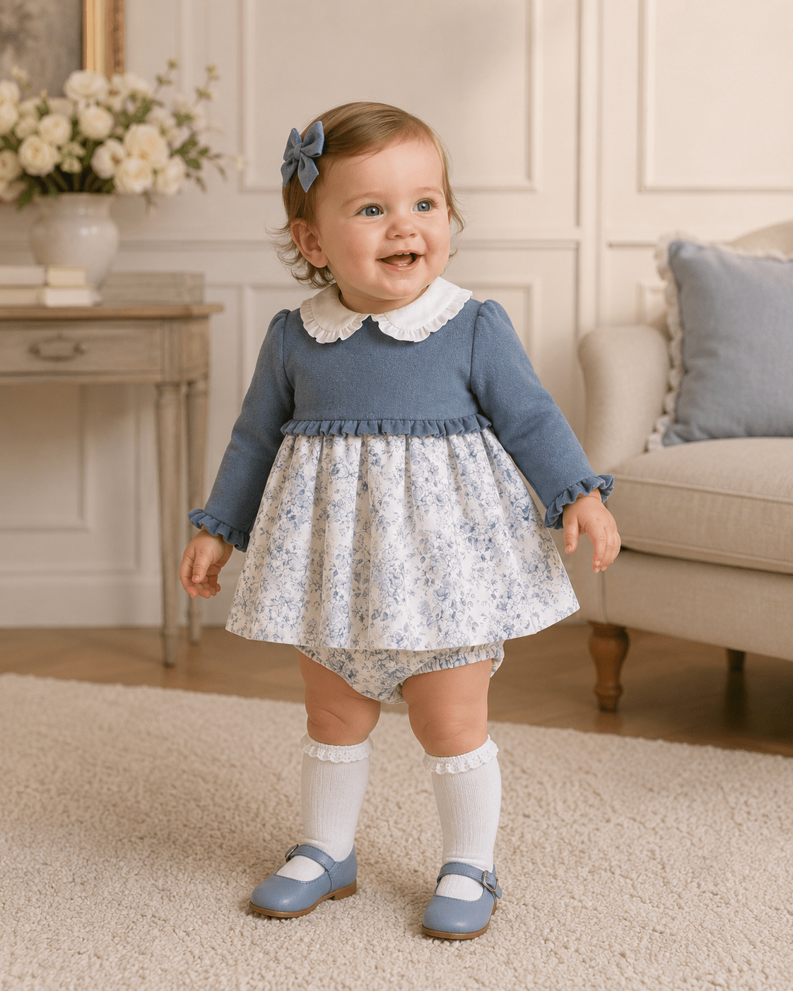 Miranda Baby Girls Dusty Blue Dress & Knickers | AW26 PRE-ORDER