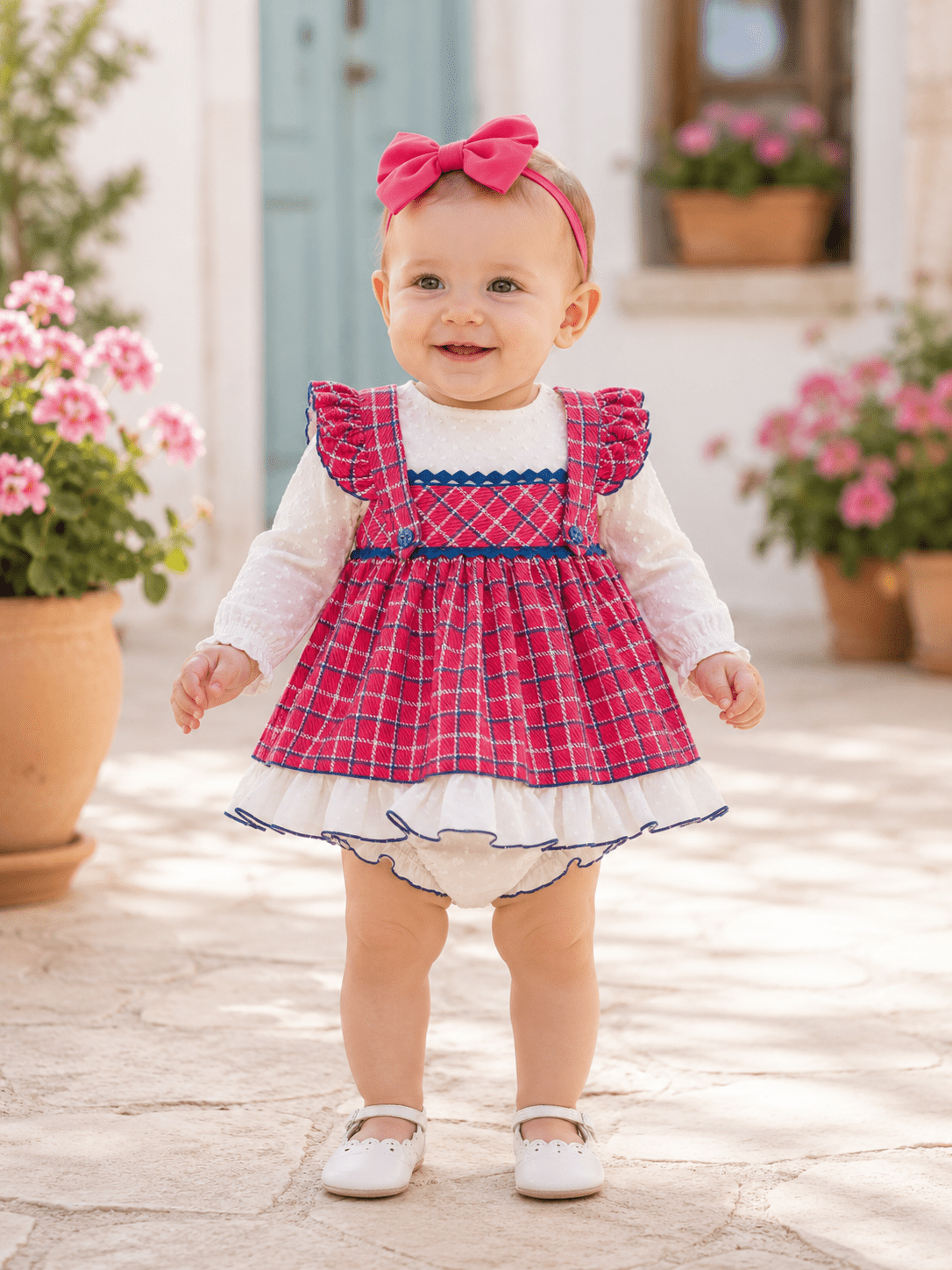 Miranda Baby Girls Fushcia Pink and White Baby Dress & Knickers