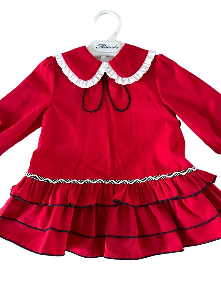Miranda - Baby Girls Red Ruffle Dress with Navy Piping 514V - Mariposa Children's Boutique