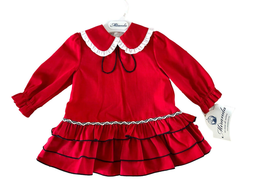 Miranda - Baby Girls Red Ruffle Dress with Navy Piping 514V - Mariposa Children's Boutique