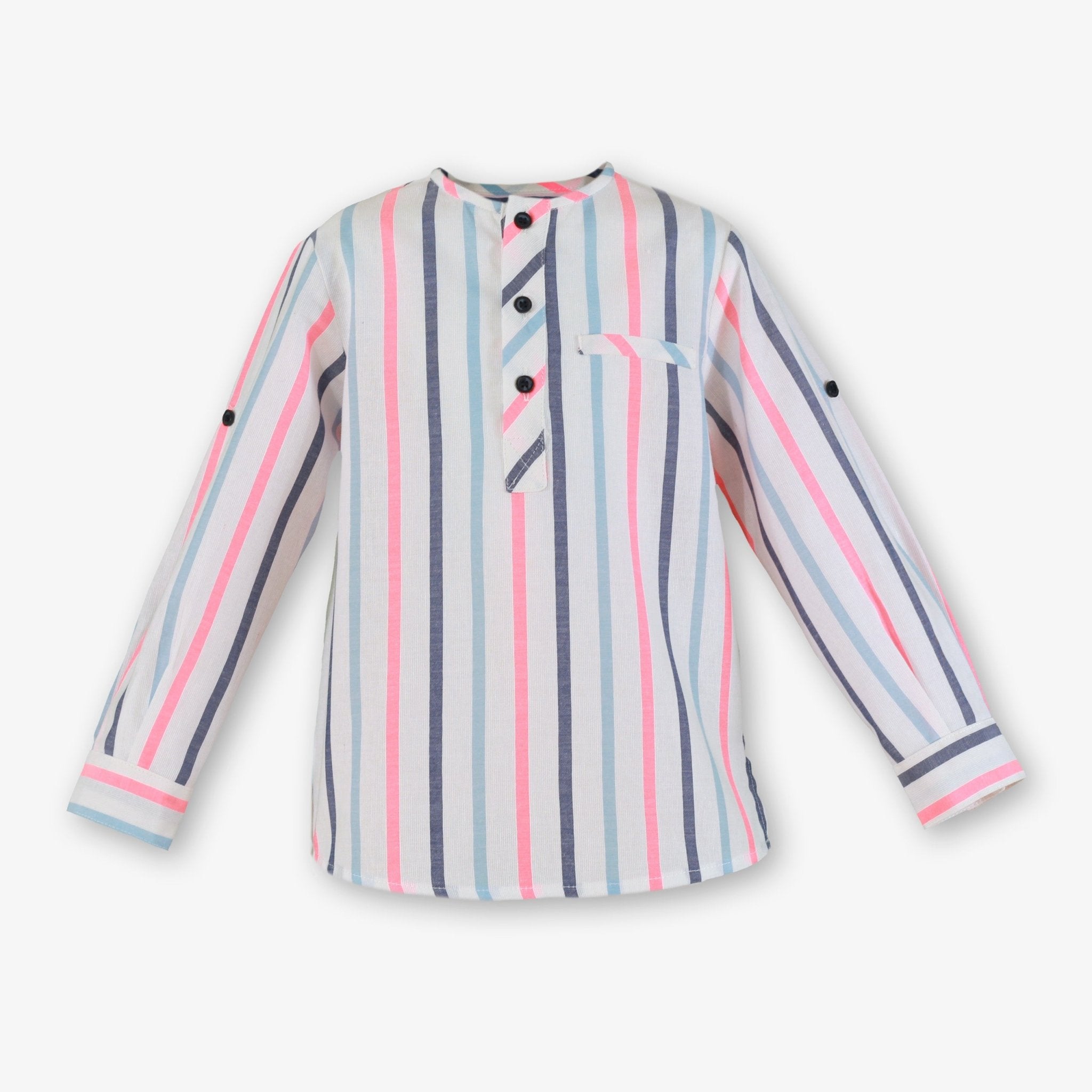 Striped long-sleeve shirt with pink and blue lines on a white background