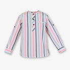 Striped long-sleeve shirt with pink and blue lines on a white background