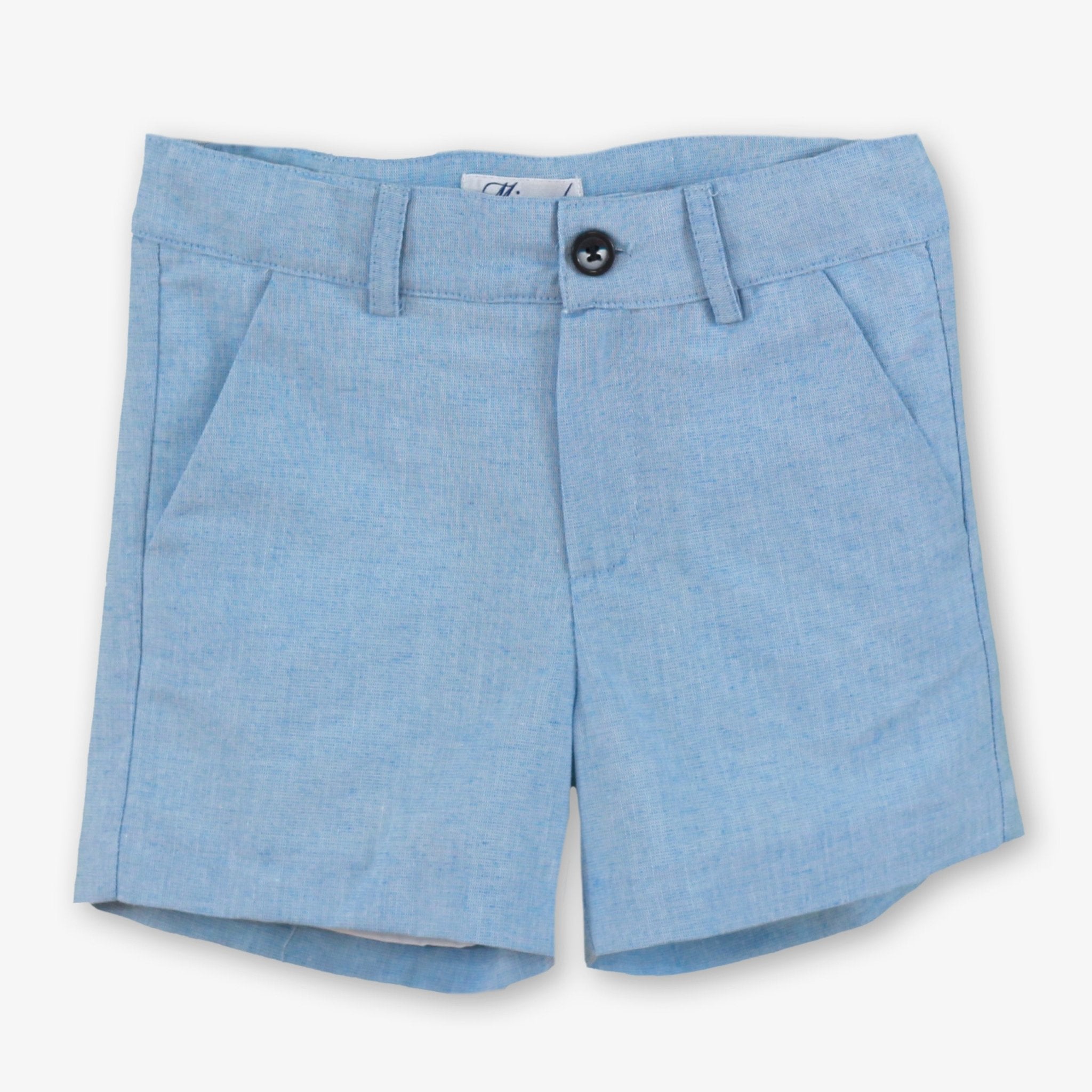 Boys Miranda SS26 Light blue shorts with a button on a white background