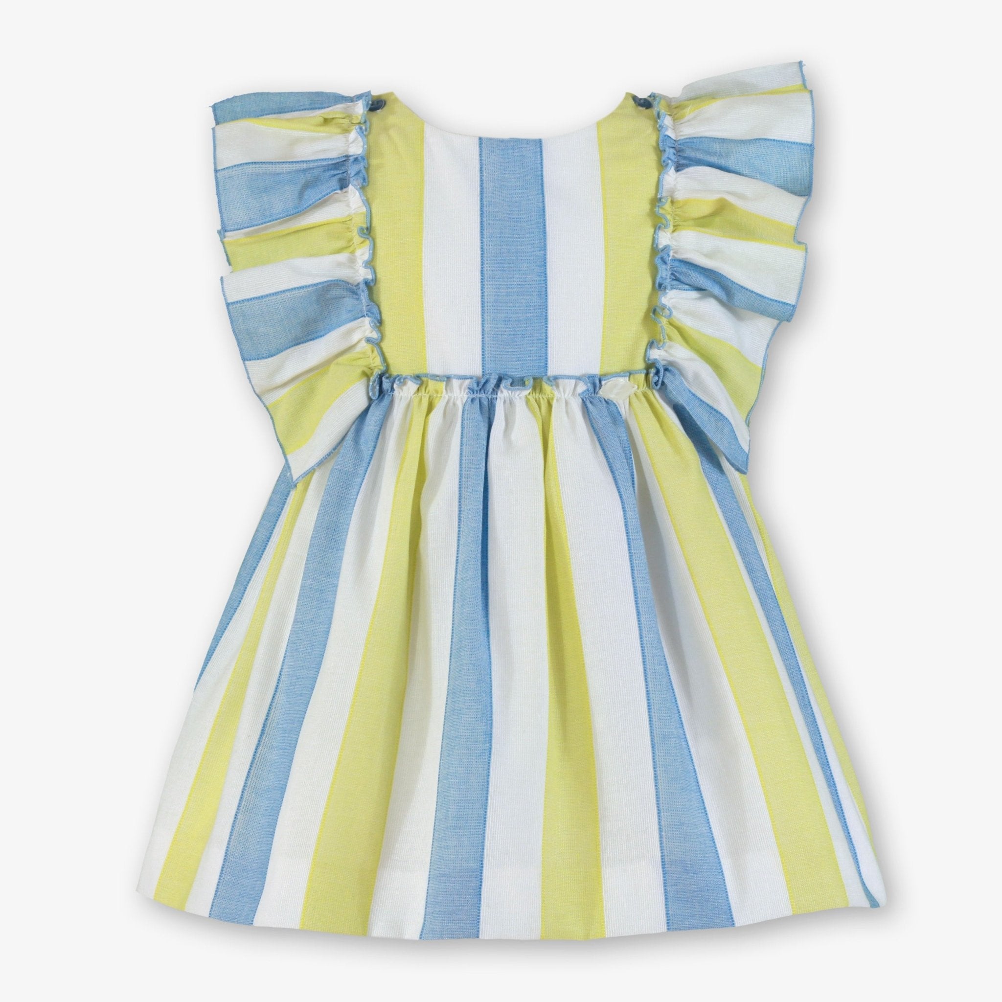 Miranda SS26 Girls Striped dress with blue, yellow, and white colors on a white background