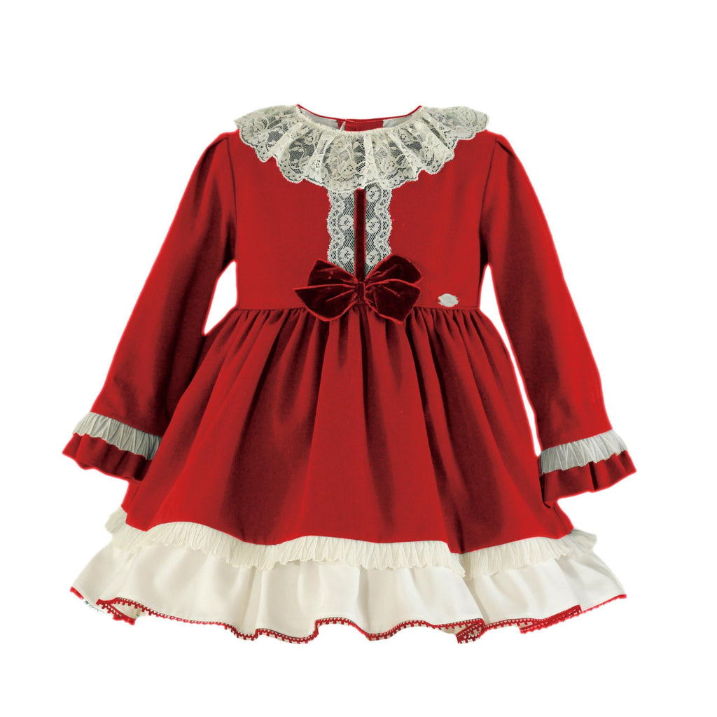 Miranda AW22 - Girls Red & Cream Dress with Matching Hairclip - Mariposa Children's Boutique
