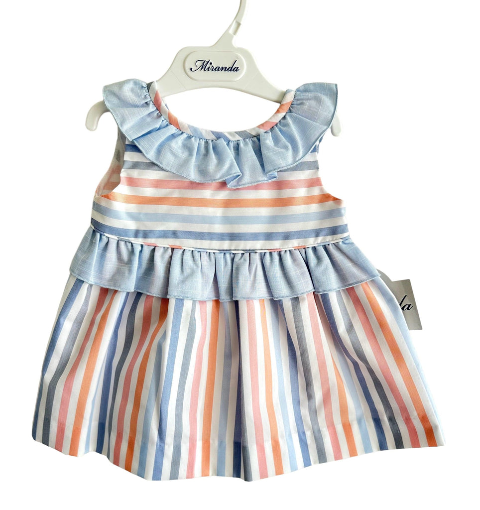 Miranda SS24 - Baby Girls Blue & Multicolour Stripe Dress 504V - Mariposa Children's Boutique
