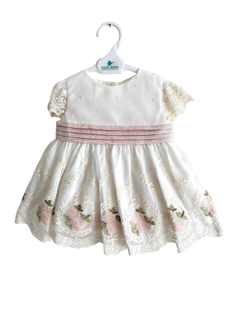 Miranda SS24 - Baby Girls Cream and Pink Rose & Lace Dress & Knickers 122VB - Mariposa Children's Boutique