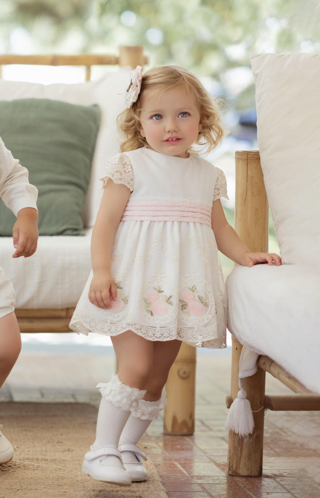Miranda SS24 PRE-ORDER - Baby Girls Cream and Pink Rose & Lace Dress & Knickers 122VB - Mariposa Children's Boutique