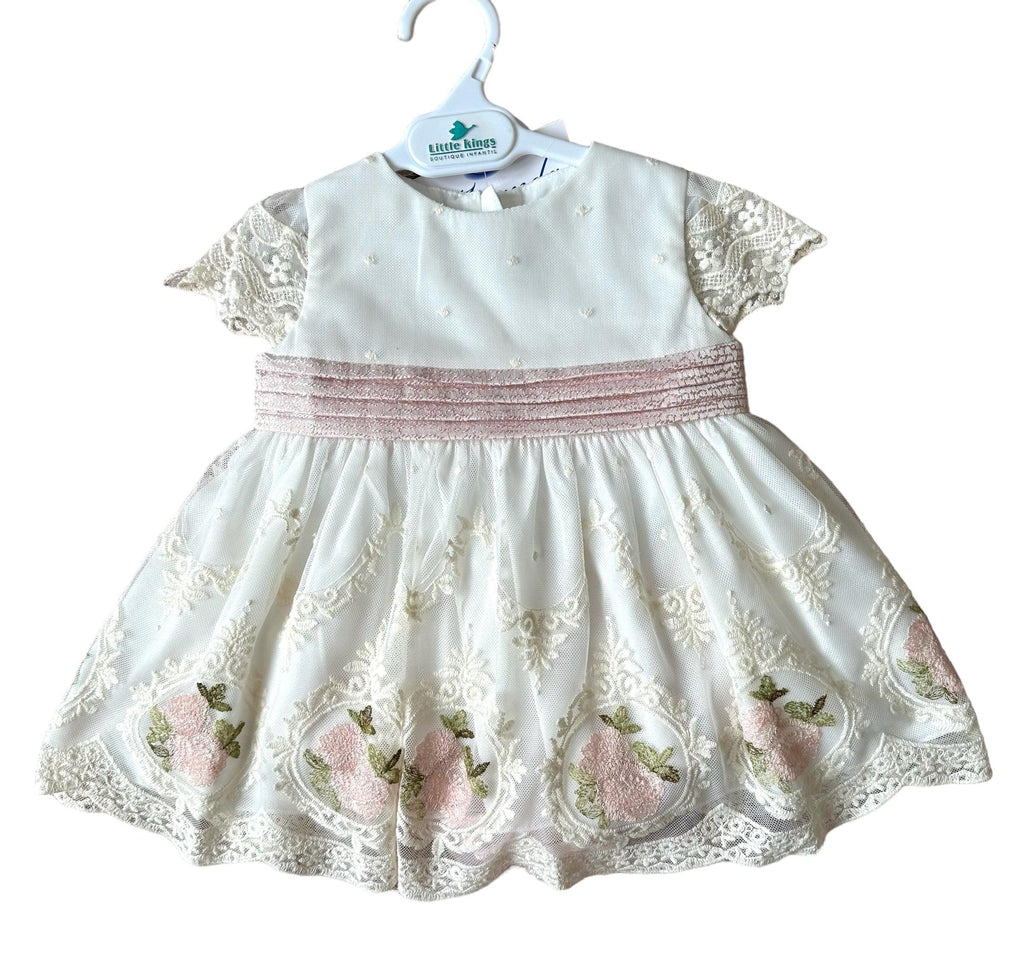 Miranda SS24 - Baby Girls Cream and Pink Rose & Lace Dress & Knickers 122VB - Mariposa Children's Boutique