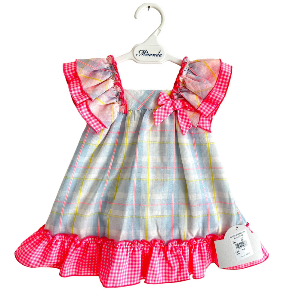 Miranda SS24 - Baby Girls Neon Pink Multi Coloured Dress with Matching Knickers 151VB - Mariposa Children's Boutique