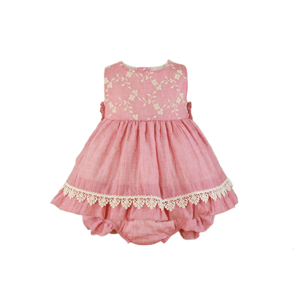 Miranda SS24 PRE-ORDER - Baby Girls Rubi Pink and Cream Dress with Matching Knickers 147VB - Mariposa Children's Boutique