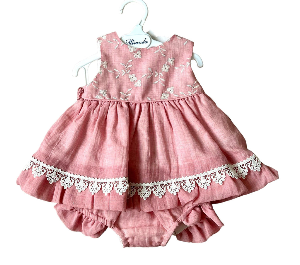 Miranda SS24 - Baby Girls Rubi Pink and Cream Dress with Matching Knickers 147VB - Mariposa Children's Boutique