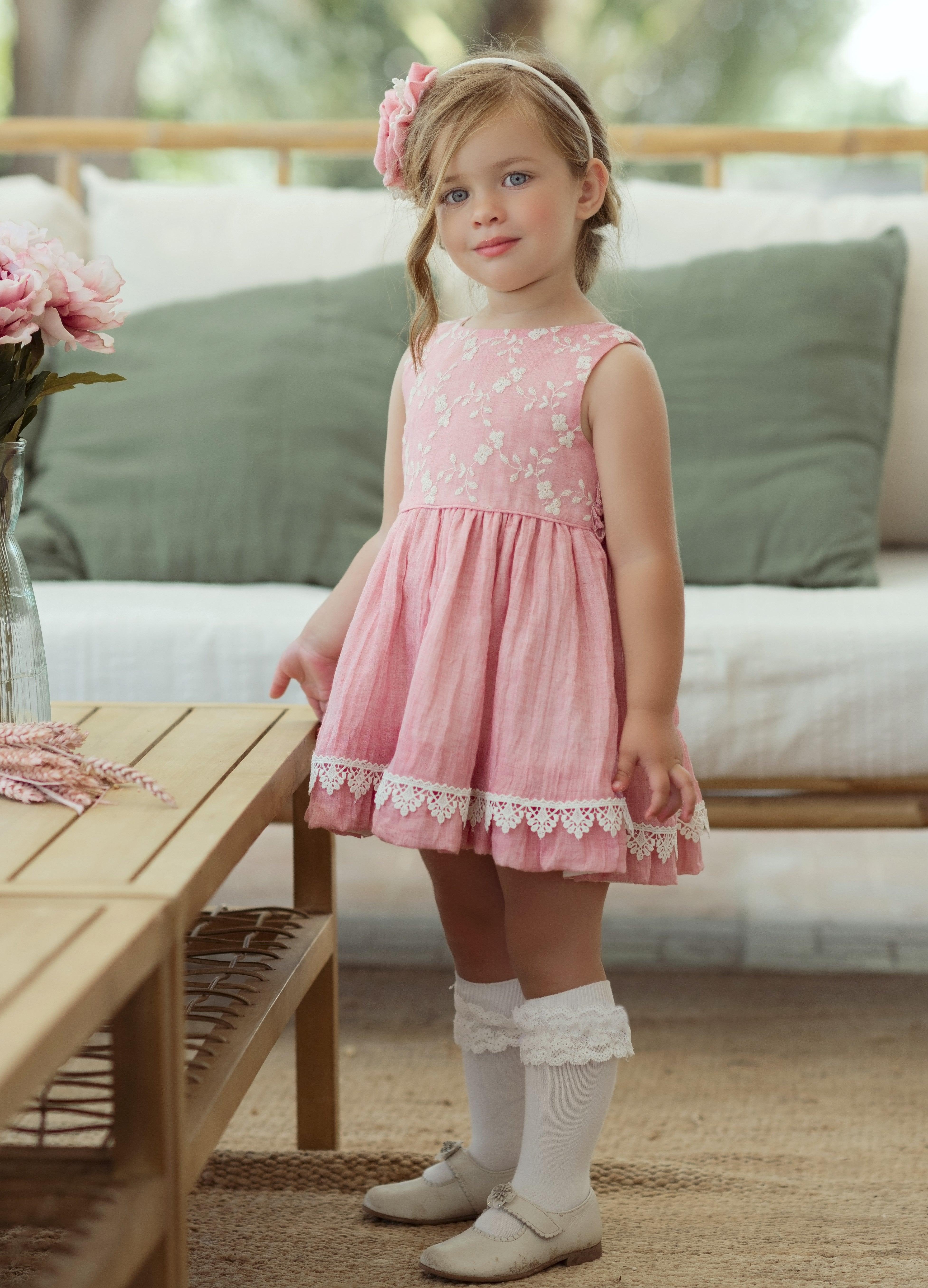 Miranda SS24 - Baby Girls Rubi Pink and Cream Dress with Matching Knickers 147VB - Mariposa Children's Boutique