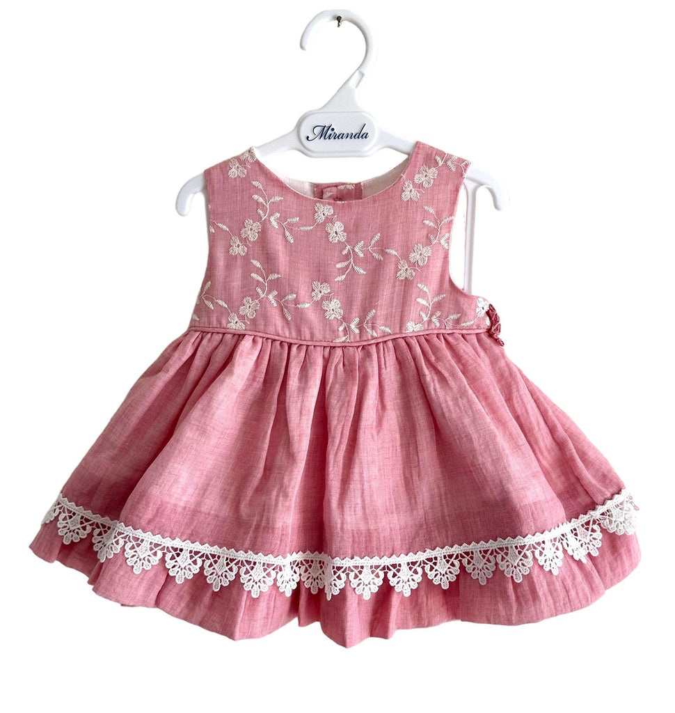 Miranda SS24 - Baby Girls Rubi Pink and Cream Dress with Matching Knickers 147VB - Mariposa Children's Boutique